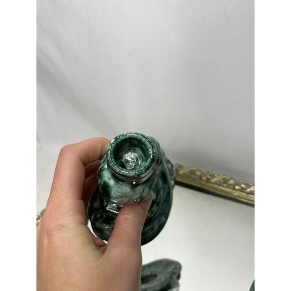 Vintage Pair of Unique Mid century Handmade Green Ceramic Candlestick Holders - Picture 4 of 10